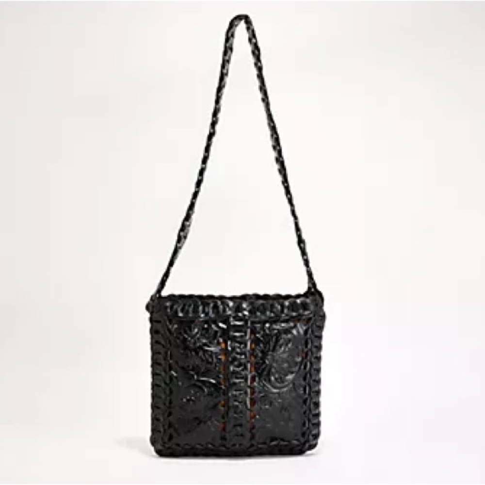 Patricia Nash Vaticci Tooled Leather Crossbody Bag Black Woven Chain Strap